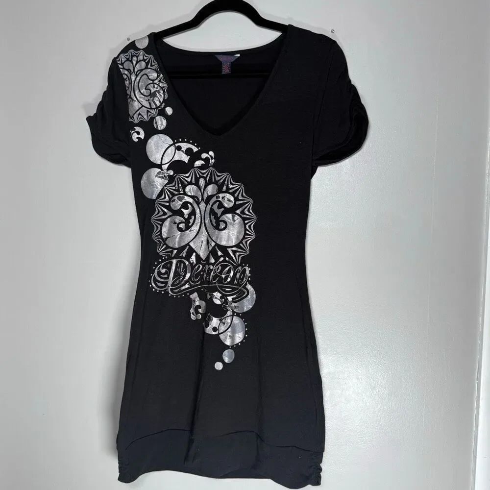 NWOT Dereon Black Silver Graphic Y2K Mini Dress